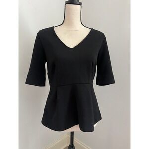 Ann Taylor Black V-Neck Peplum Top Small Elbow Sleeve Workwear Office Chic Work